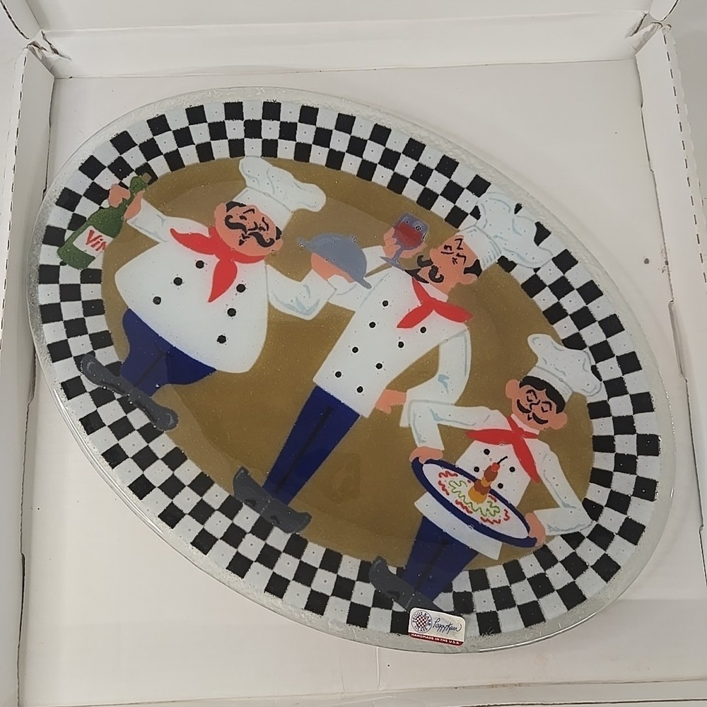 Peggy Karr 3‎ Chefs Platter Fused Glass Art Signed Oval Plate